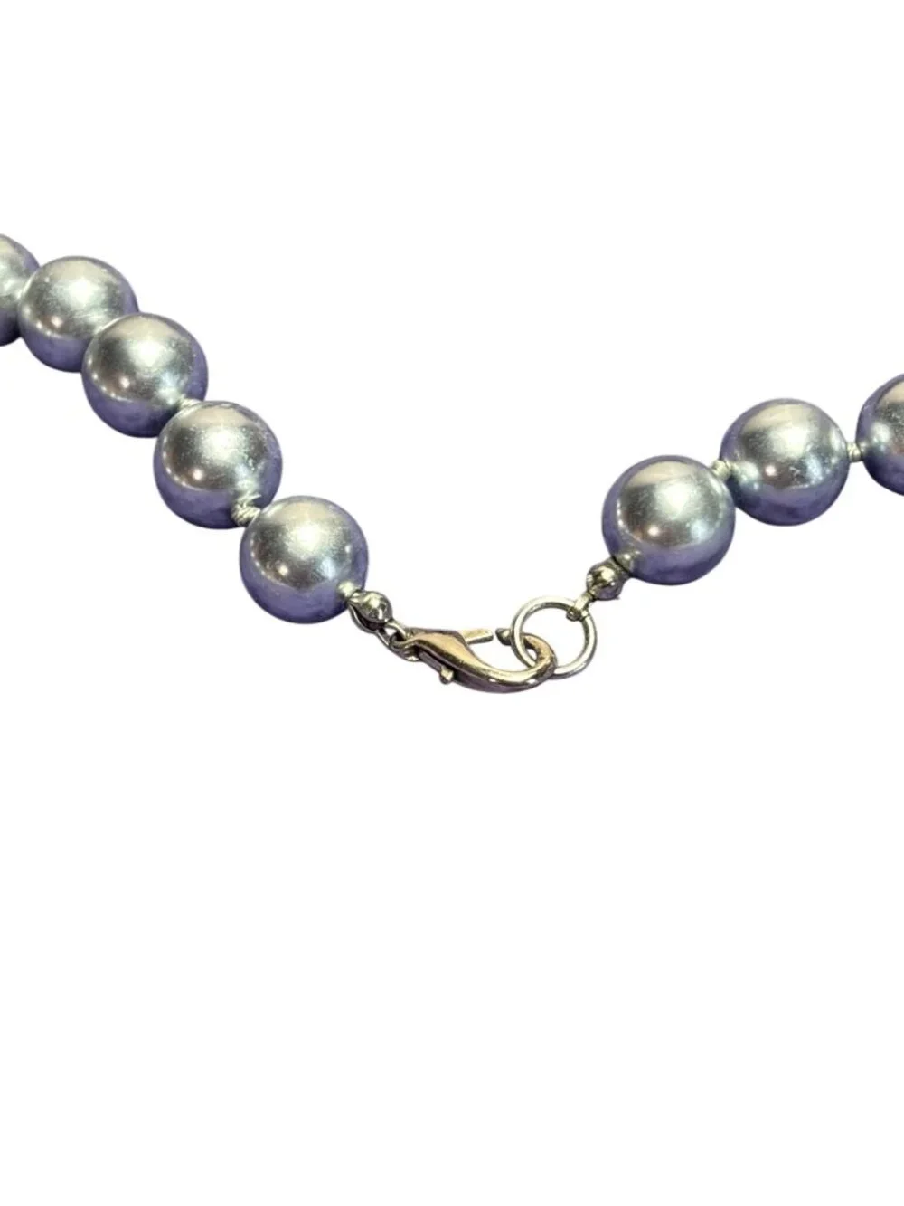 Lightweight Blue Grey Glass Faux Pearl Beaded Necklace Knotted Lobster Clasp